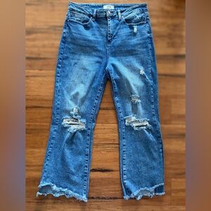 Just black denim distressed flared jeans